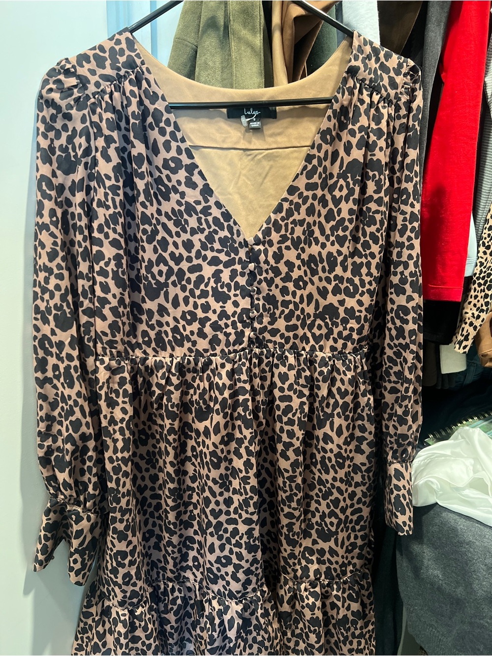 Lulu's Taupe and Black Leopard Print V-Neck Tiered Dress